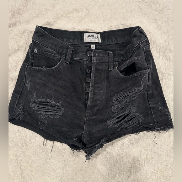 AGOLDE RIPPED BLACK HIGH WASTED JEAN SHORTS - Picture 1 of 3